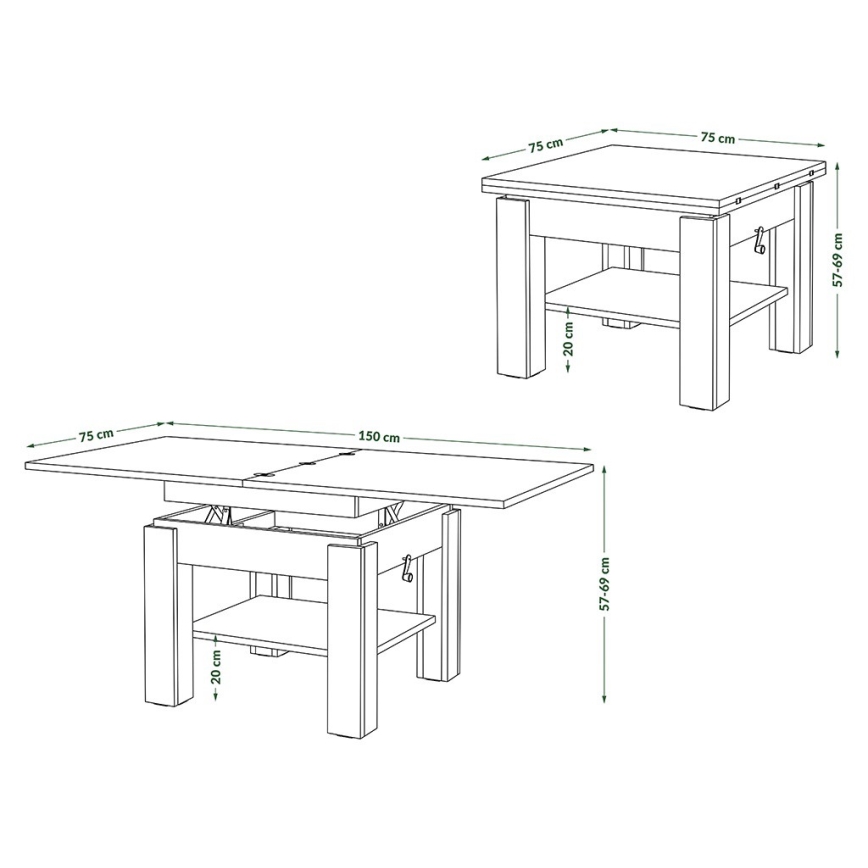 Table basse pliable avec couvercle relevable avec étagère CALEB chêne/noir