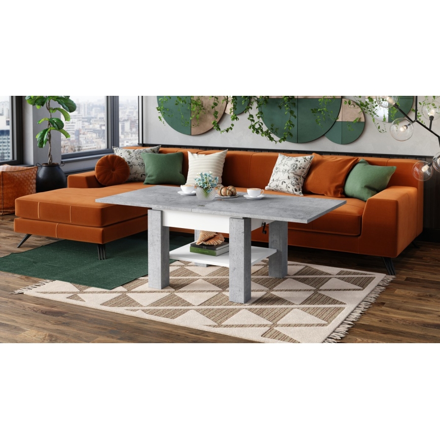 Table basse pliable avec couvercle relevable avec étagère CALEB gris/blanc