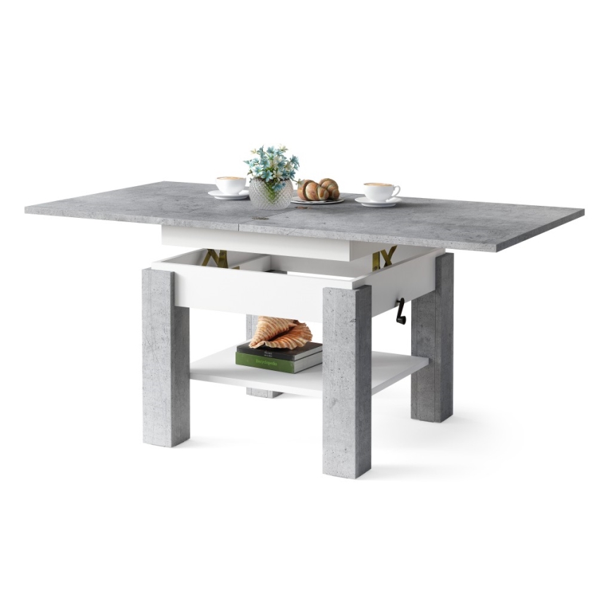 Table basse pliable avec couvercle relevable avec étagère CALEB gris/blanc