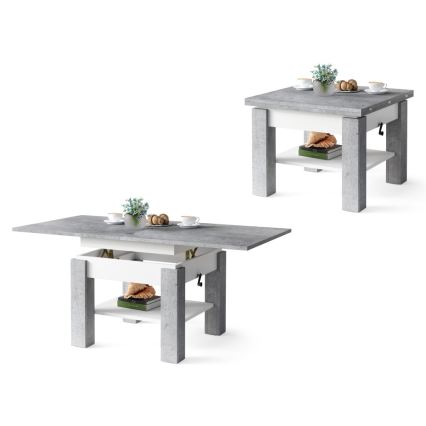 Table basse pliable avec couvercle relevable avec étagère CALEB gris/blanc