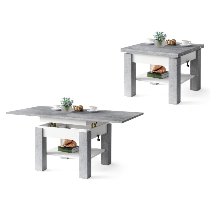 Table basse pliable avec couvercle relevable avec étagère CALEB gris/blanc