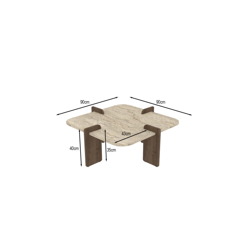 Table basse PURO 90x90 cm travertin/noyer