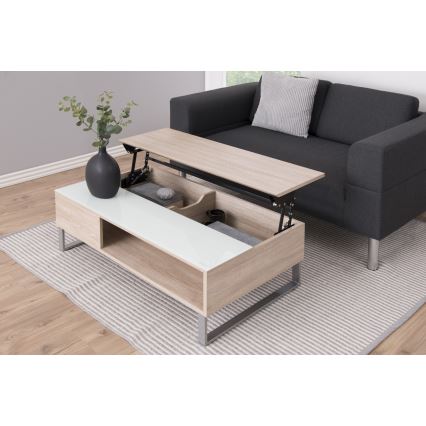 Table basse relevable ENZO 110 x 60 cm blanche/chêne sonoma