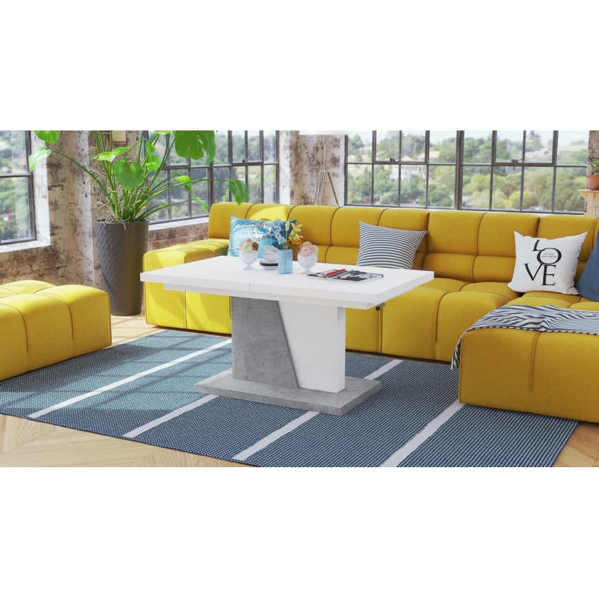Table basse/salle à manger pliable avec couvercle relevable NINO blanc/gris béton