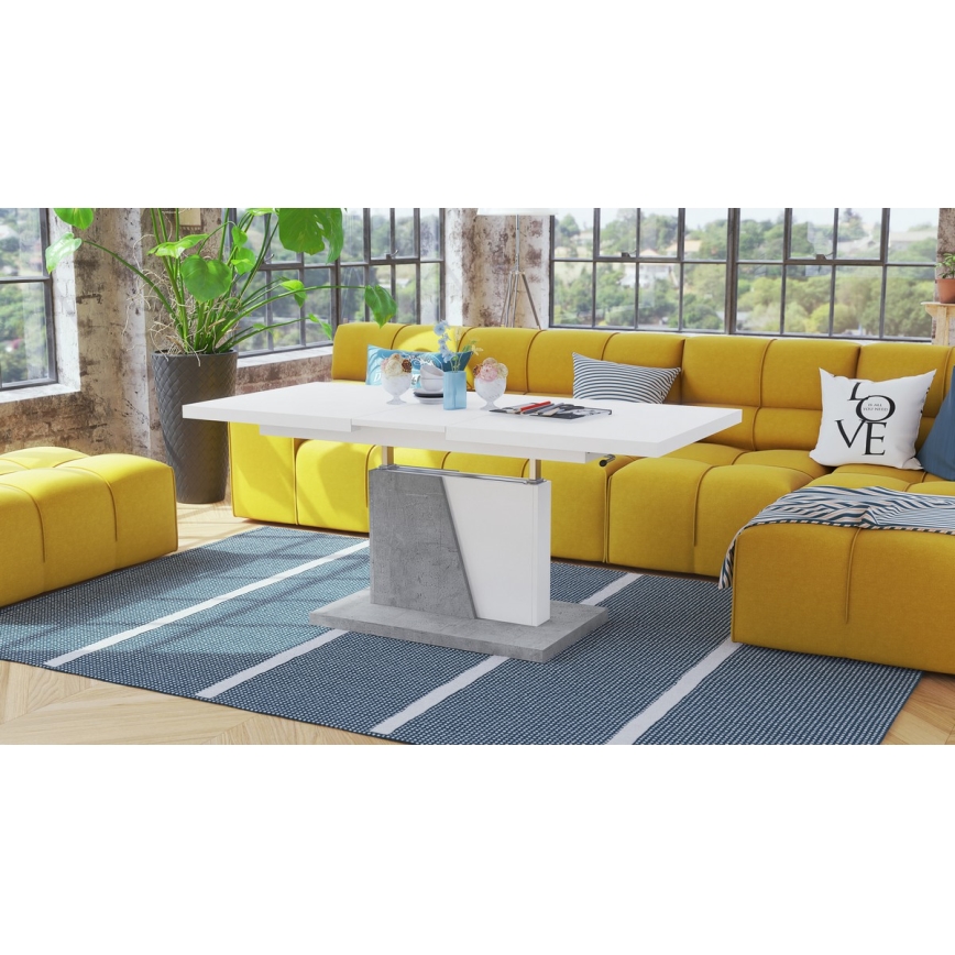 Table basse/salle à manger pliable avec couvercle relevable NINO blanc/gris béton