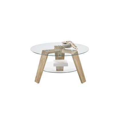 Table basse TITAN Ø 75 cm, verre transparent / chêne