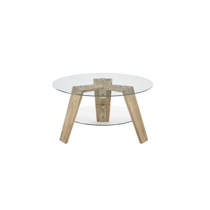 Table basse TITAN Ø 75 cm, verre transparent / chêne