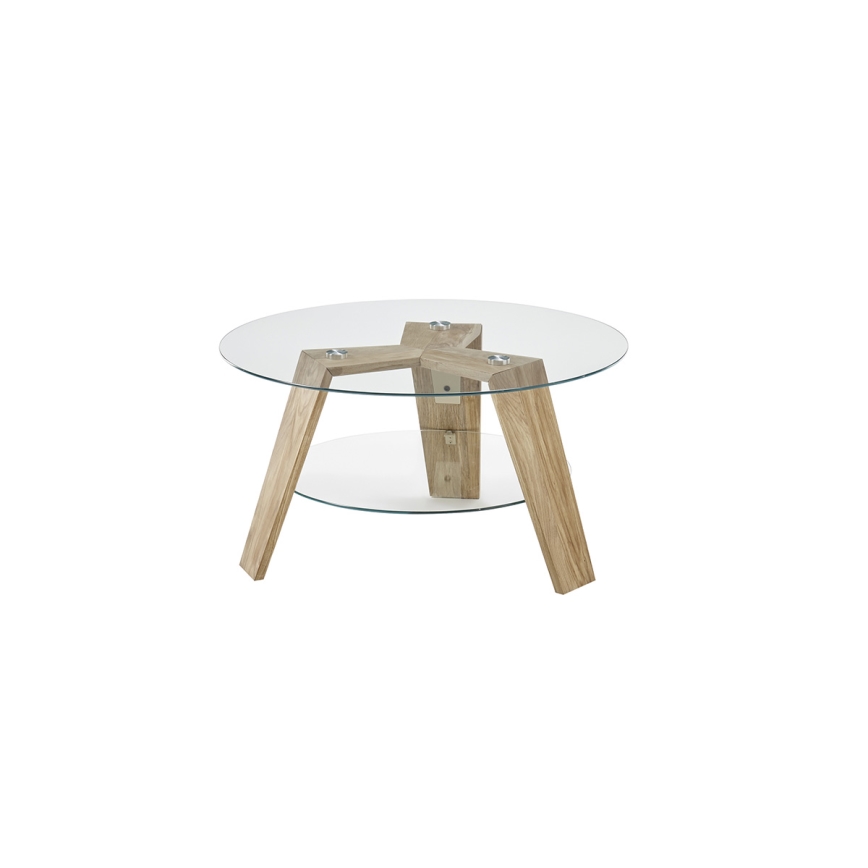 Table basse TITAN Ø 75 cm, verre transparent / chêne