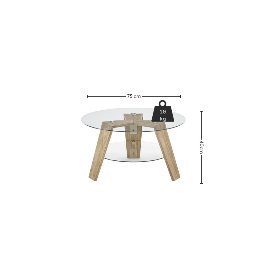Table basse TITAN Ø 75 cm, verre transparent / chêne