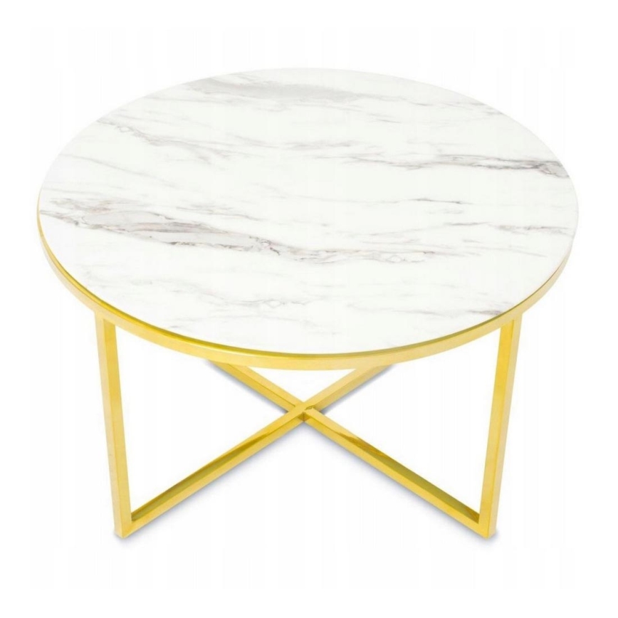 Table basse VERTIGO 45x80 cm doré/blanc décor en marbre