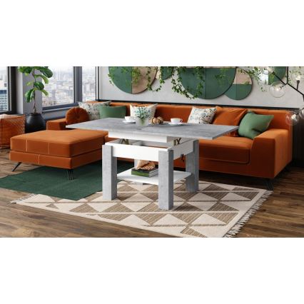 Table convertible CALEB, extensible et à plateau relevable — gris béton/blanc