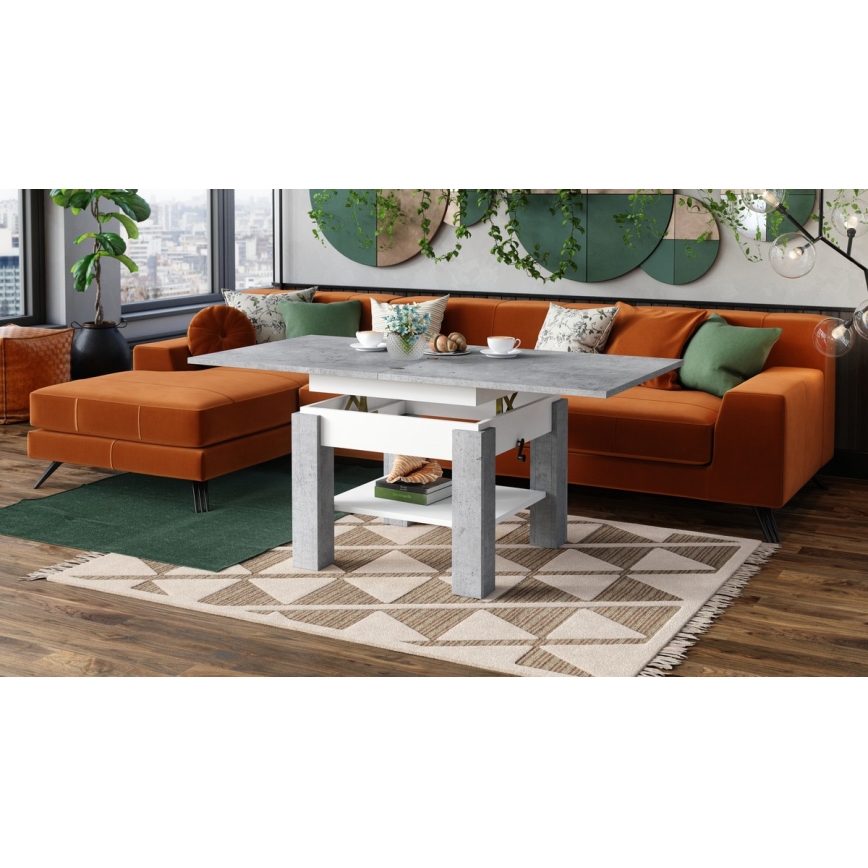 Table convertible CALEB, extensible et à plateau relevable — gris béton/blanc