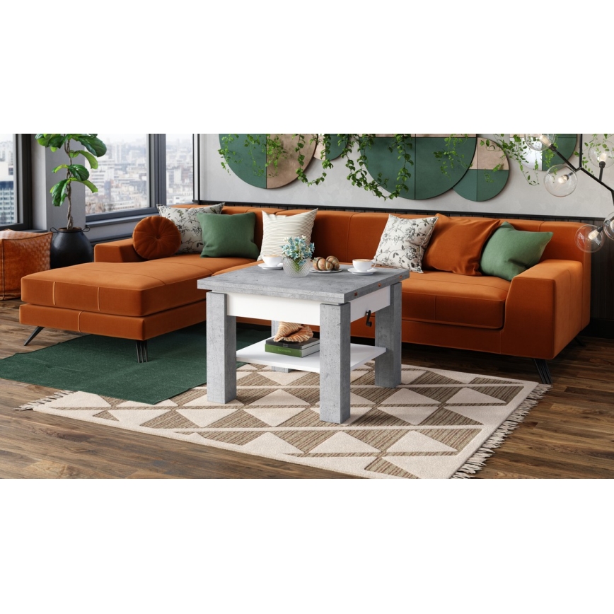 Table convertible CALEB, extensible et à plateau relevable — gris béton/blanc