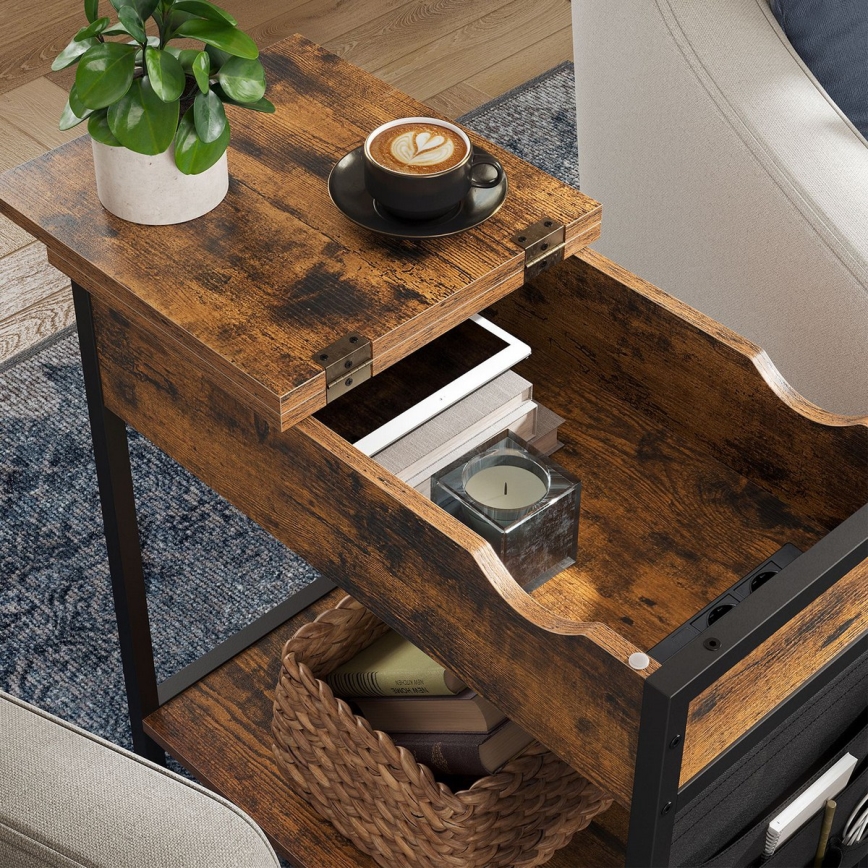 Table d'appoint ELDUR avec prises électriques intégrées et ports USB — marron/noir