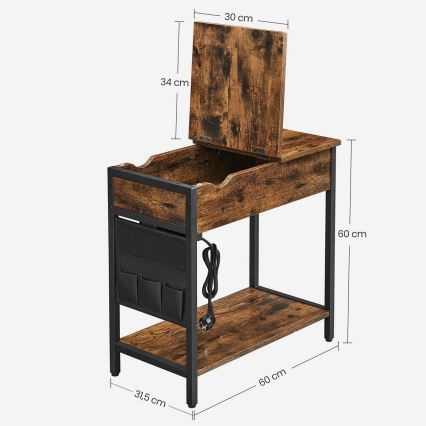 Table d'appoint ELDUR avec prises électriques intégrées et ports USB — marron/noir