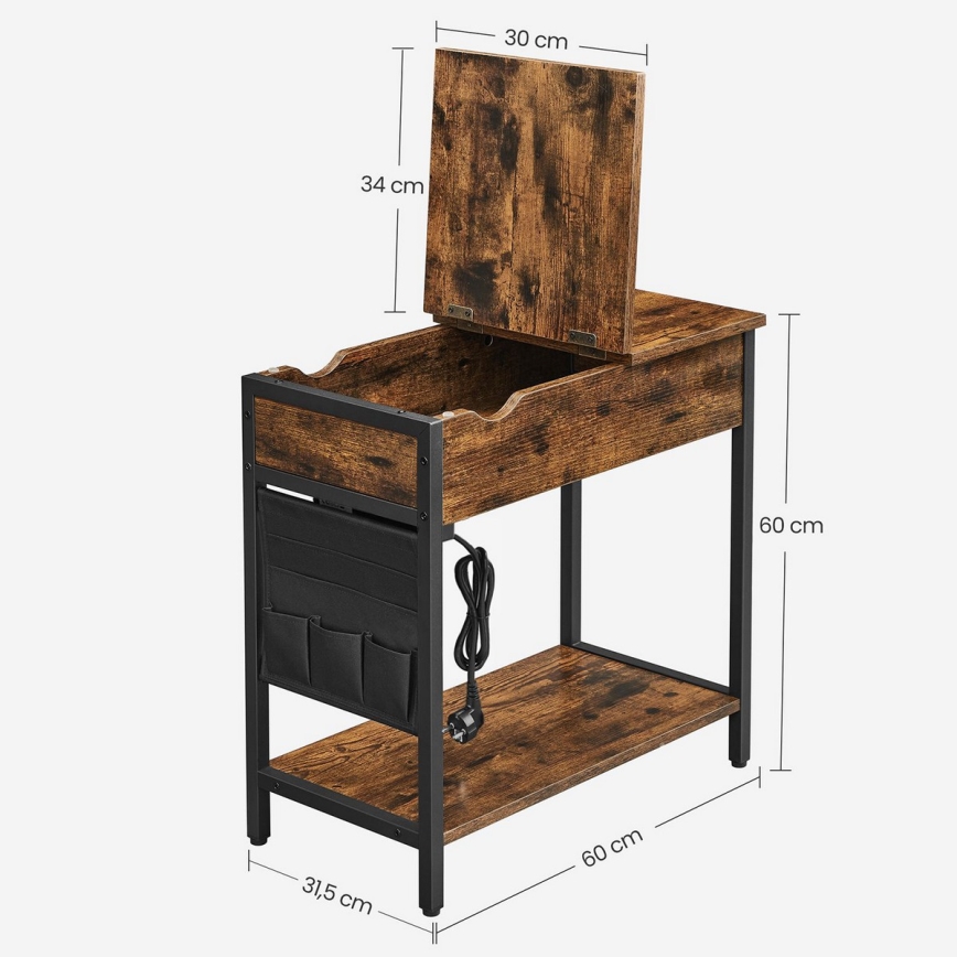 Table d'appoint ELDUR avec prises électriques intégrées et ports USB — marron/noir