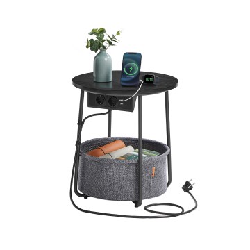 Table d'appoint NOIRA 45 cm avec prises électriques intégrées et ports USB, gris/noir