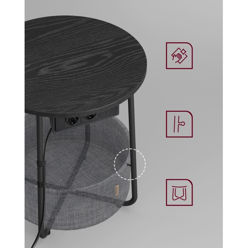 Table d'appoint NOIRA 45 cm avec prises électriques intégrées et ports USB, gris/noir