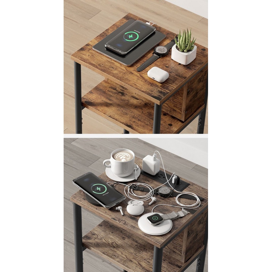 Table d'appoint ROD avec prises électriques intégrées et ports USB, marron/noir