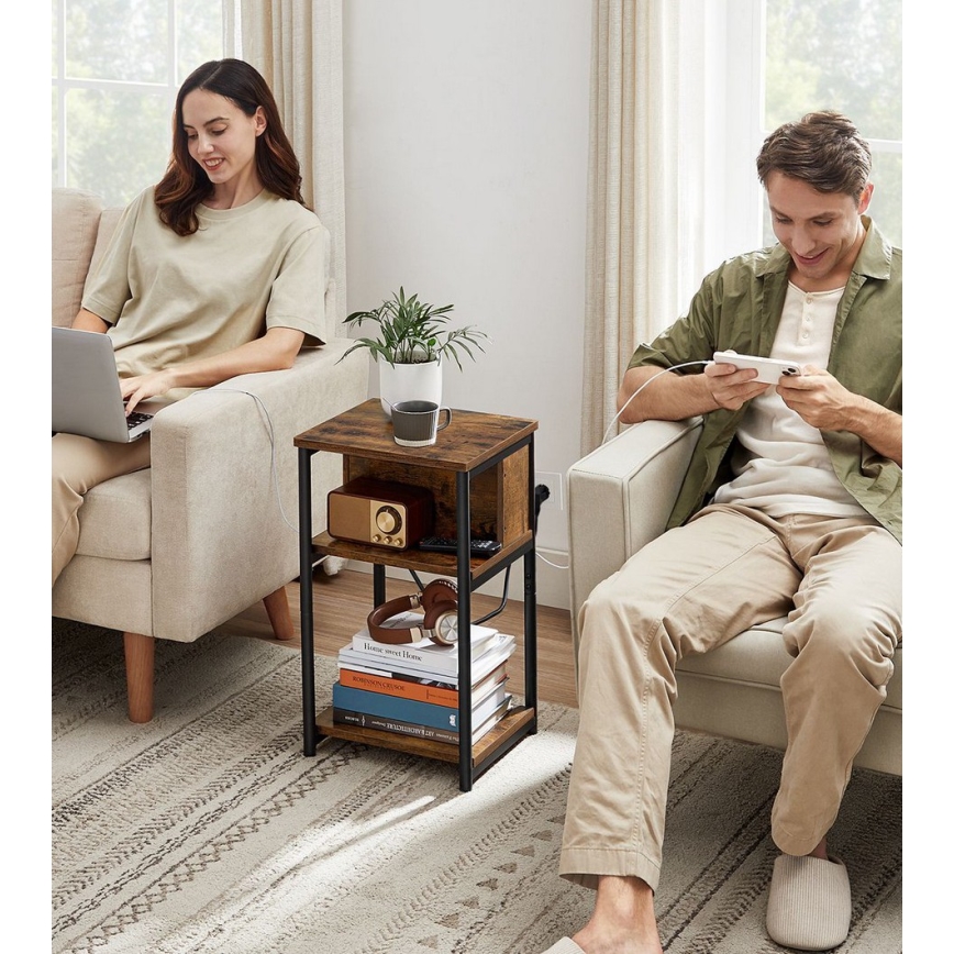 Table d'appoint ROD avec prises et ports USB intégrés, marron/noir