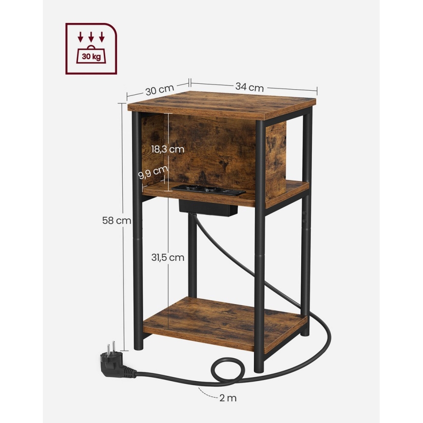 Table d'appoint ROD avec prises et ports USB intégrés, marron/noir