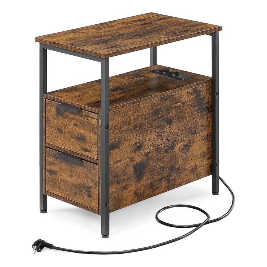 Table d'appoint ROD avec tiroirs intégrés et ports USB, marron/noir