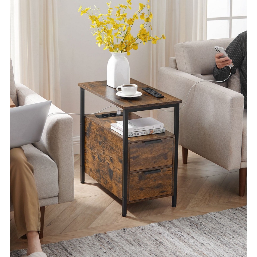 Table d'appoint ROD avec tiroirs intégrés et ports USB, marron/noir