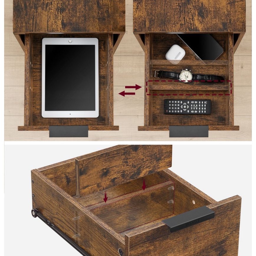 Table d'appoint ROD avec tiroirs intégrés et ports USB, marron/noir