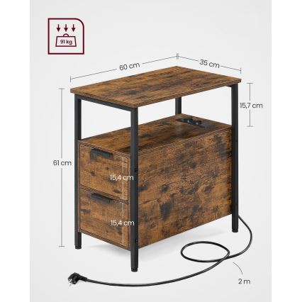 Table d'appoint ROD avec tiroirs intégrés et ports USB, marron/noir