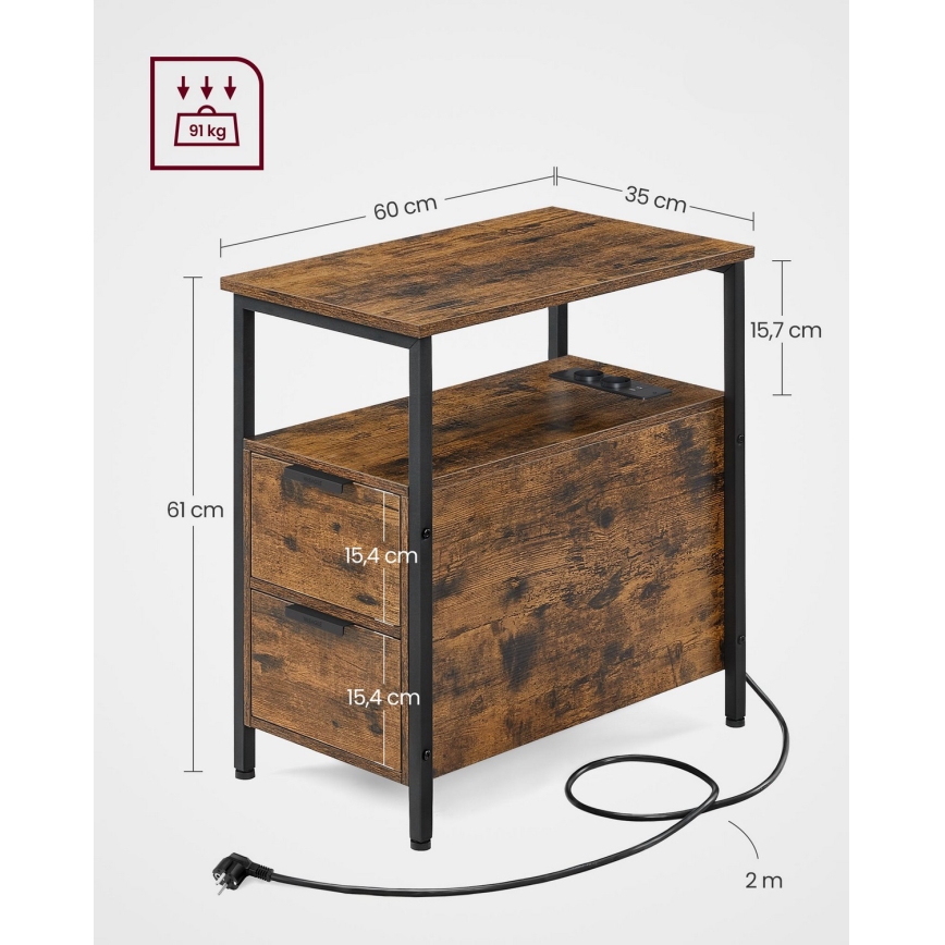 Table d'appoint ROD avec tiroirs intégrés et ports USB, marron/noir