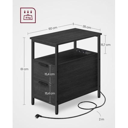 Table d'appoint ROD noire avec prises et ports USB intégrés