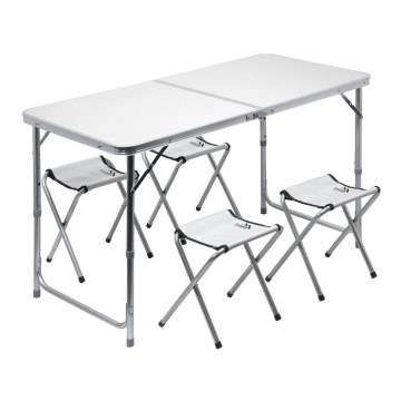 Table de camping pliable + 4x chaise blanc/chrome mat