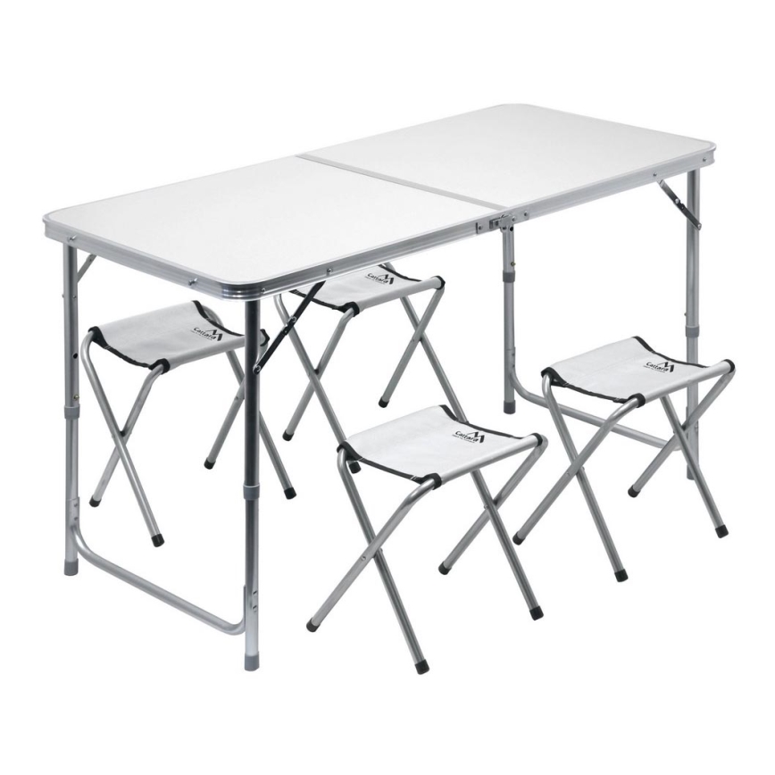 Table de camping pliable + 4x chaise blanc/chrome mat