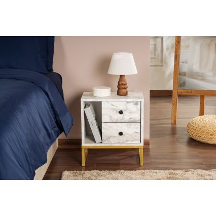 Table de chevet GLIMMER 50x45,2 cm décor en marbre/doré