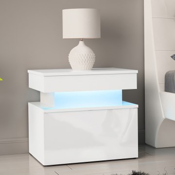 Table de chevet GLOSSA 51x55 cm avec éclairage LED, blanc/blanc laqué