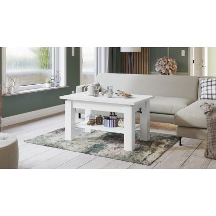 Table extensible (basse/à manger) avec étagère ADONIS, blanche