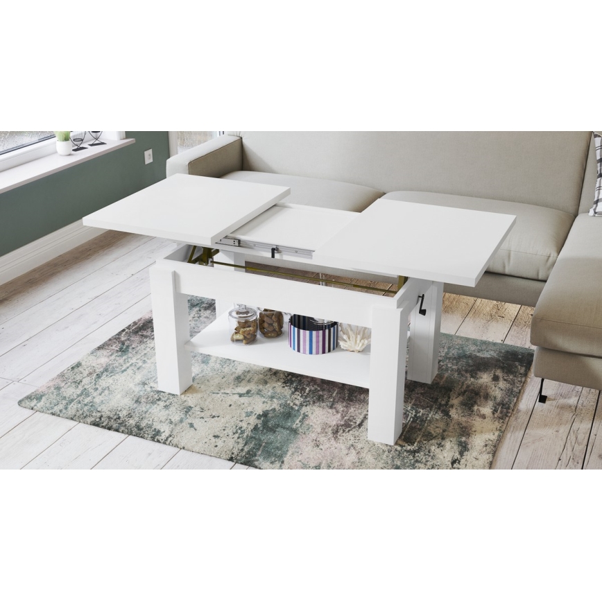 Table extensible (basse/à manger) avec étagère ADONIS, blanche