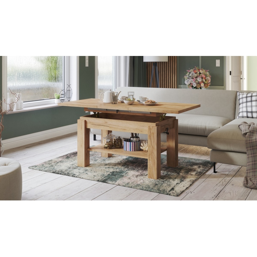 Table extensible (basse/à manger) avec étagère ADONIS, finition chêne craft