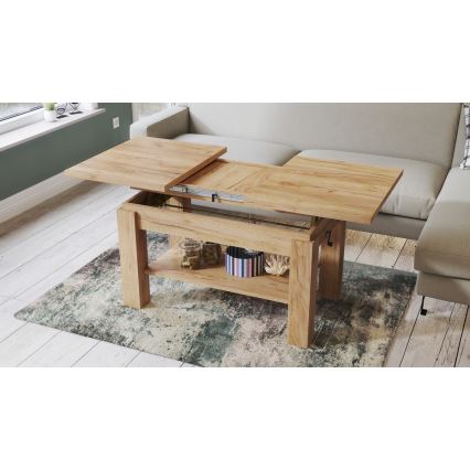 Table extensible (basse/à manger) avec étagère ADONIS, finition chêne craft