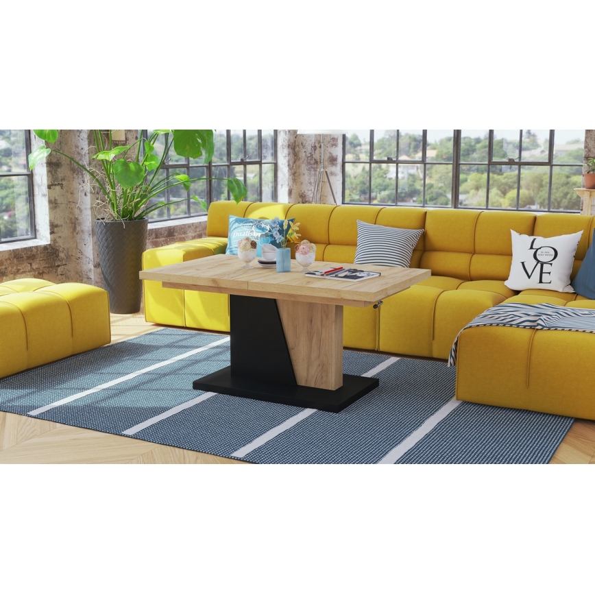 Table transformable basse/à manger NINO avec plateau relevable chêne craft/noir