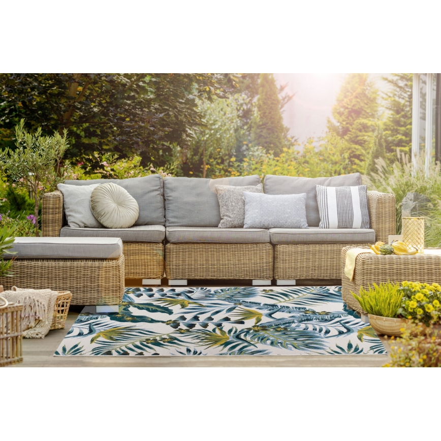 Tapis d'extérieur CAPPUCCINO 80x165 cm turquoise/motif feuillage