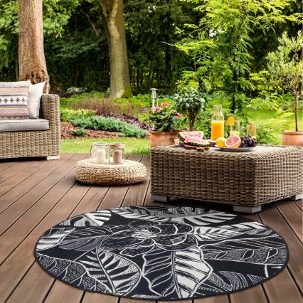 Tapis d'extérieur JUNGLE 135 cm, noir/blanc — à motif de feuilles