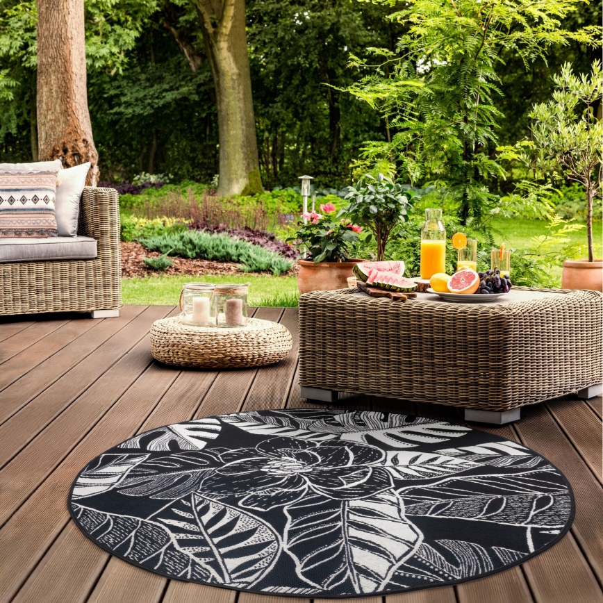 Tapis d'extérieur JUNGLE 135 cm, noir/blanc — à motif de feuilles