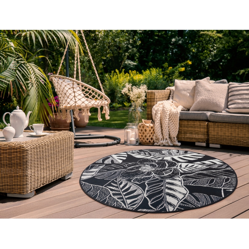 Tapis d'extérieur JUNGLE 135 cm, noir/blanc — à motif de feuilles