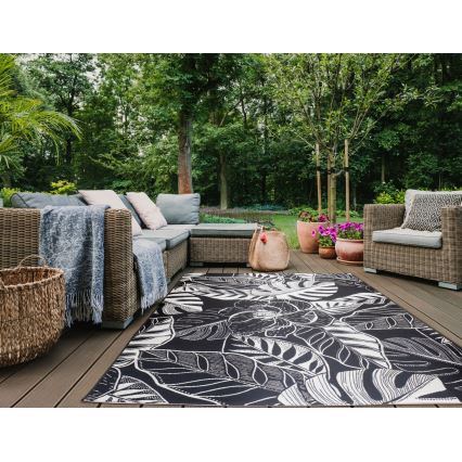 Tapis d'extérieur JUNGLE 160x220 cm, noir/blanc, motif feuillage