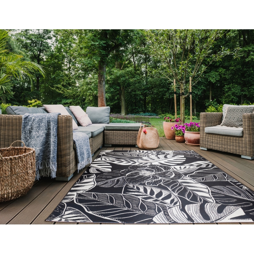 Tapis d'extérieur JUNGLE 160x220 cm, noir/blanc, motif feuillage