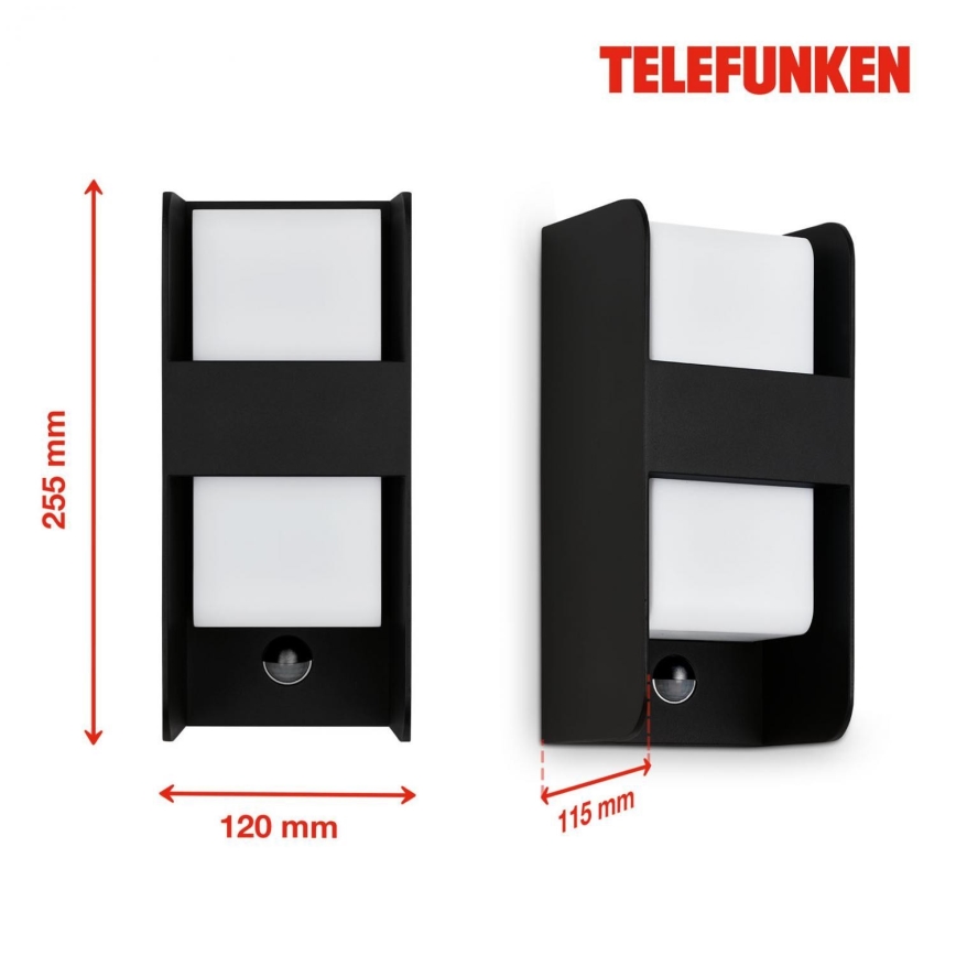 Telefunken 321105TF - Applique murale extérieure avec détecteur 1xE27/12W/230V IP44 noir