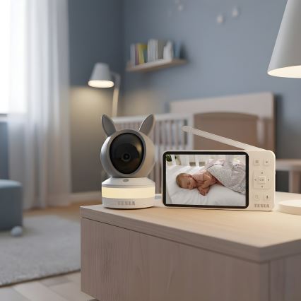 TESLA Electronics Bambino - Babyphone intelligent avec moniteur 4 MP 2560p 5 V 5000 mAh Wi-Fi Tuya gris/blanc