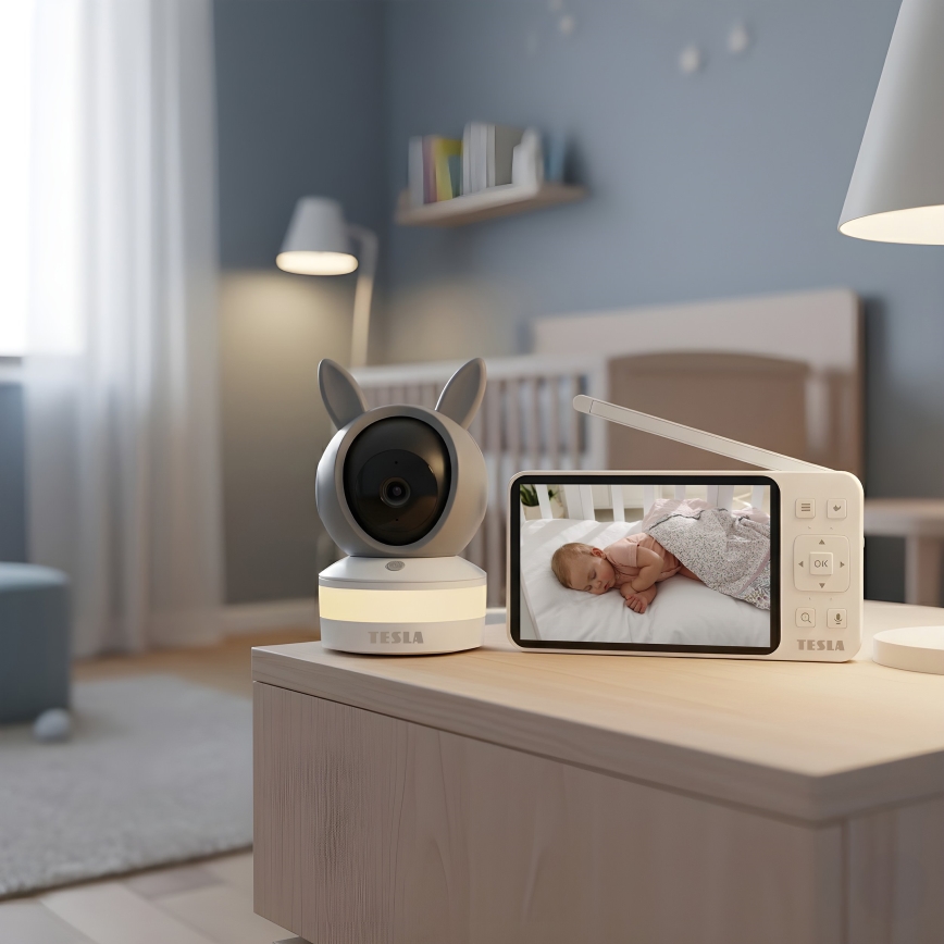 TESLA Electronics Bambino - Babyphone intelligent avec moniteur 4 MP 2560p 5 V 5000 mAh Wi-Fi Tuya gris/blanc