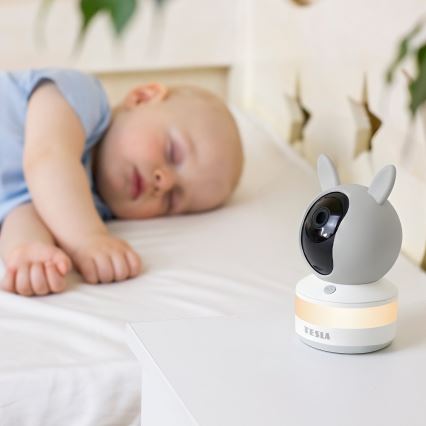 TESLA Electronics Bambino - Babyphone intelligent avec moniteur 4 MP 2560p 5 V 5000 mAh Wi-Fi Tuya gris/blanc